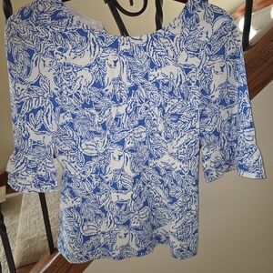 Lilly Pulitzer Blue and White Leaf Print Blouse